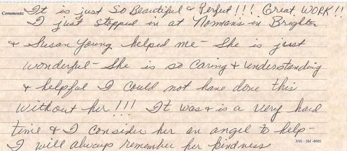 A handwritten comment card about being helped by Susan Young at the Brighton office