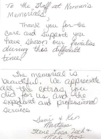 A handwritten note to the staff at Norman's Memorials signed by the Mateus and Foos families