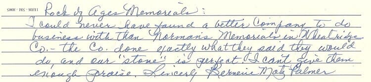 A handwritten comment card praising Norman's Memorials in Wheat Ridge, signed Bernice Mots Palmer