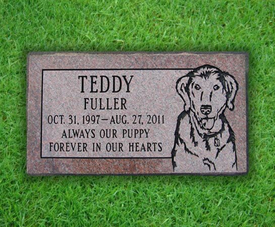 Rose granite pet marker with an etched dog