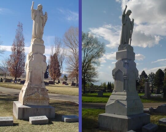 A tall column monument topped with an angel, photographed before restoration and again afterwards