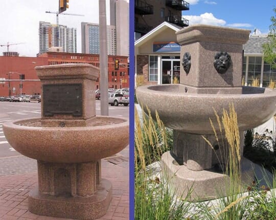A weathered granite street fountain, and the same fountain restored and re-sited among grasses