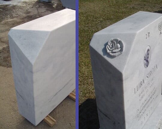 A blank marble slab in the yard, and the same slab finished with a carved rose, menorah, portrait and Hebrew inscription
