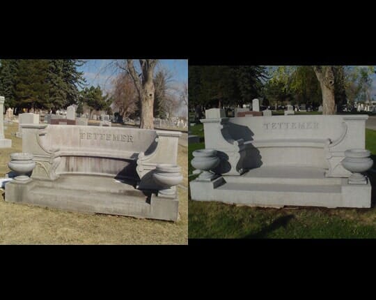 A stained stone bench memorial photographed before restoration and again afterwards